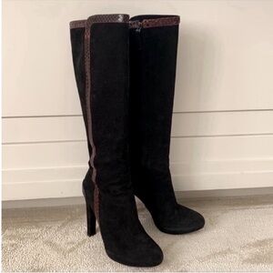 Fendi Black Suede Brown Lizard Trim Platform Knee High Boots 40